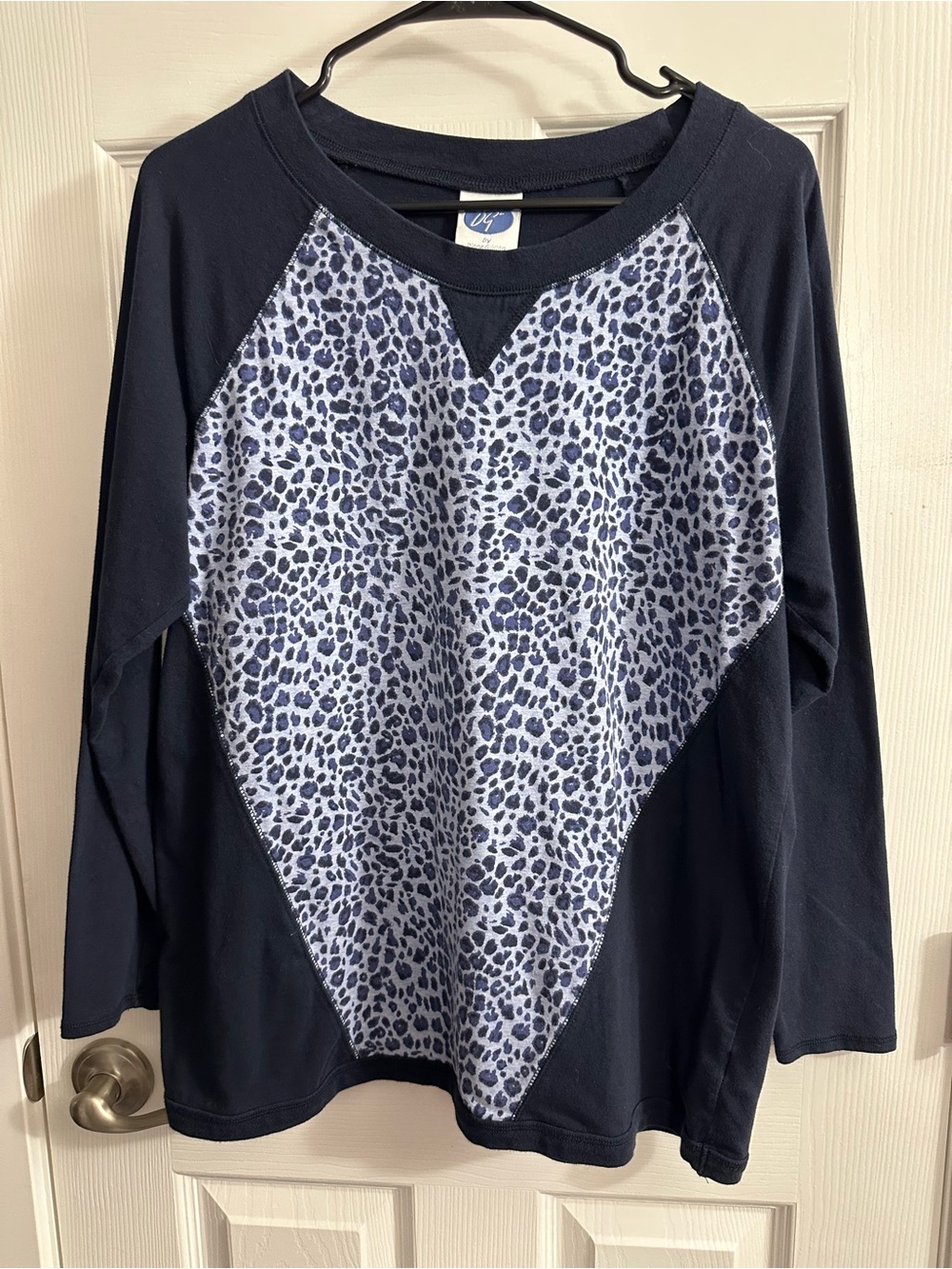 Women's M Navy Blue Leopard-Panel Pullover Top by Diane Gilman